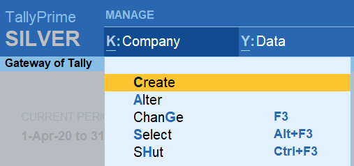 Create company option in Tally Prime Top Bar