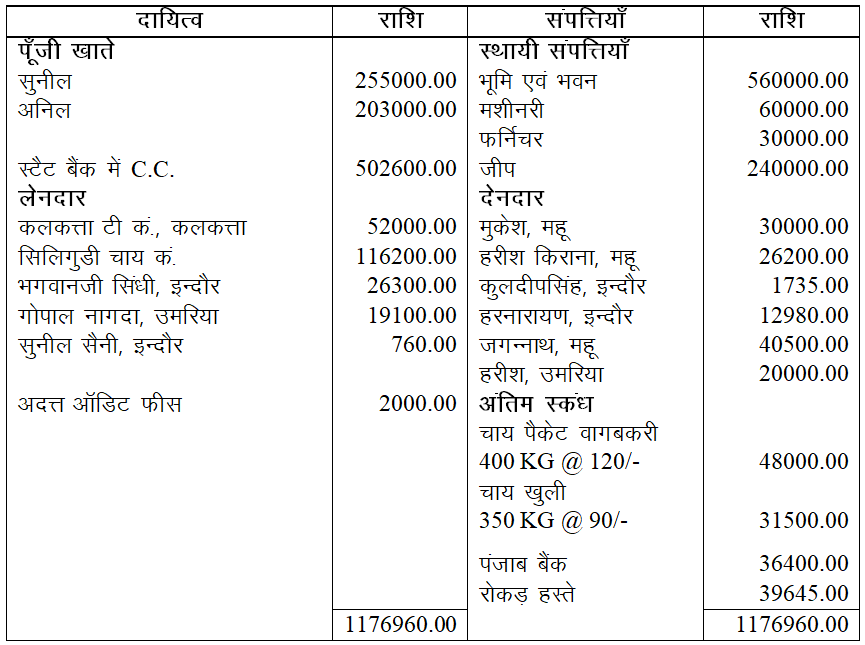 Opening Balance Sheet for Tally Exam Questions