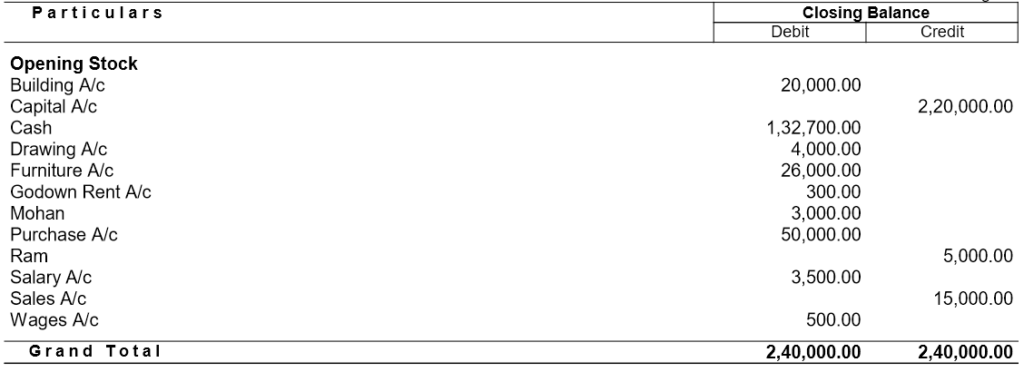 Trial Balance for Tally Practice Exercise