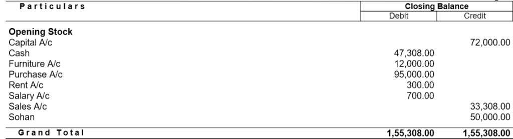 Trial Balance for Tally Practice Exercise