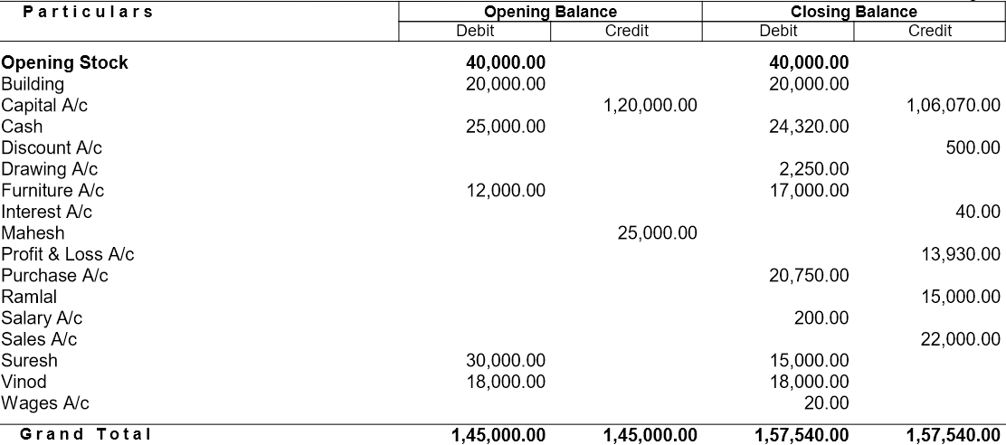 Trial Balance for Learn Tally in Hindi